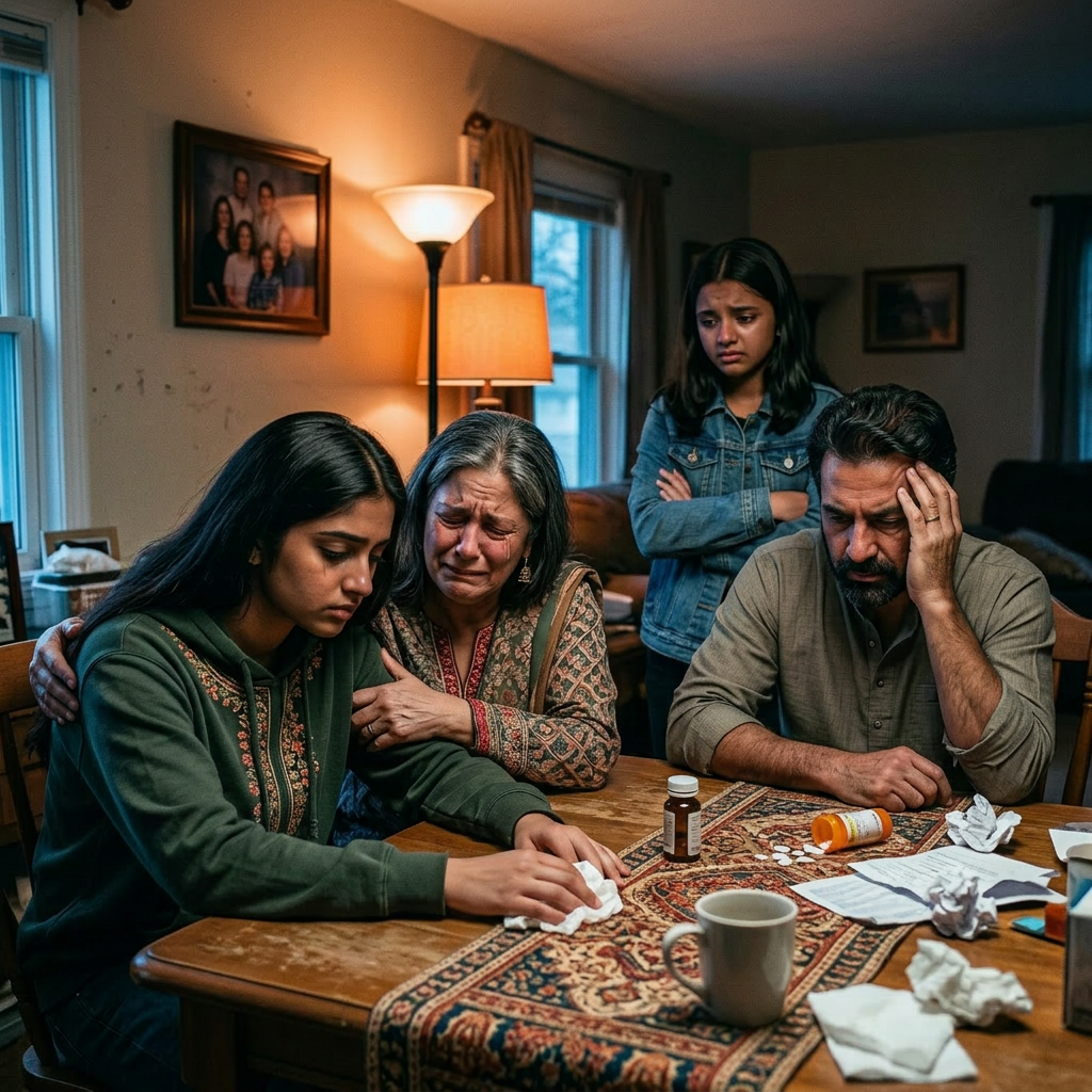 Family around kitchen table showing sadness and worry with prescription pills and tissues visible
