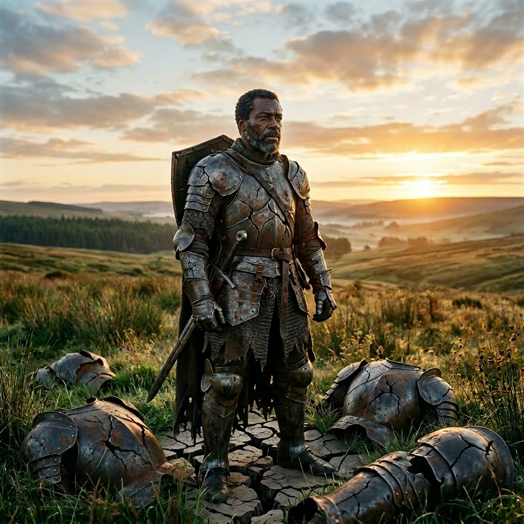 A knight in dented and scratched armor holding a sword and shield in a grassy field at sunrise