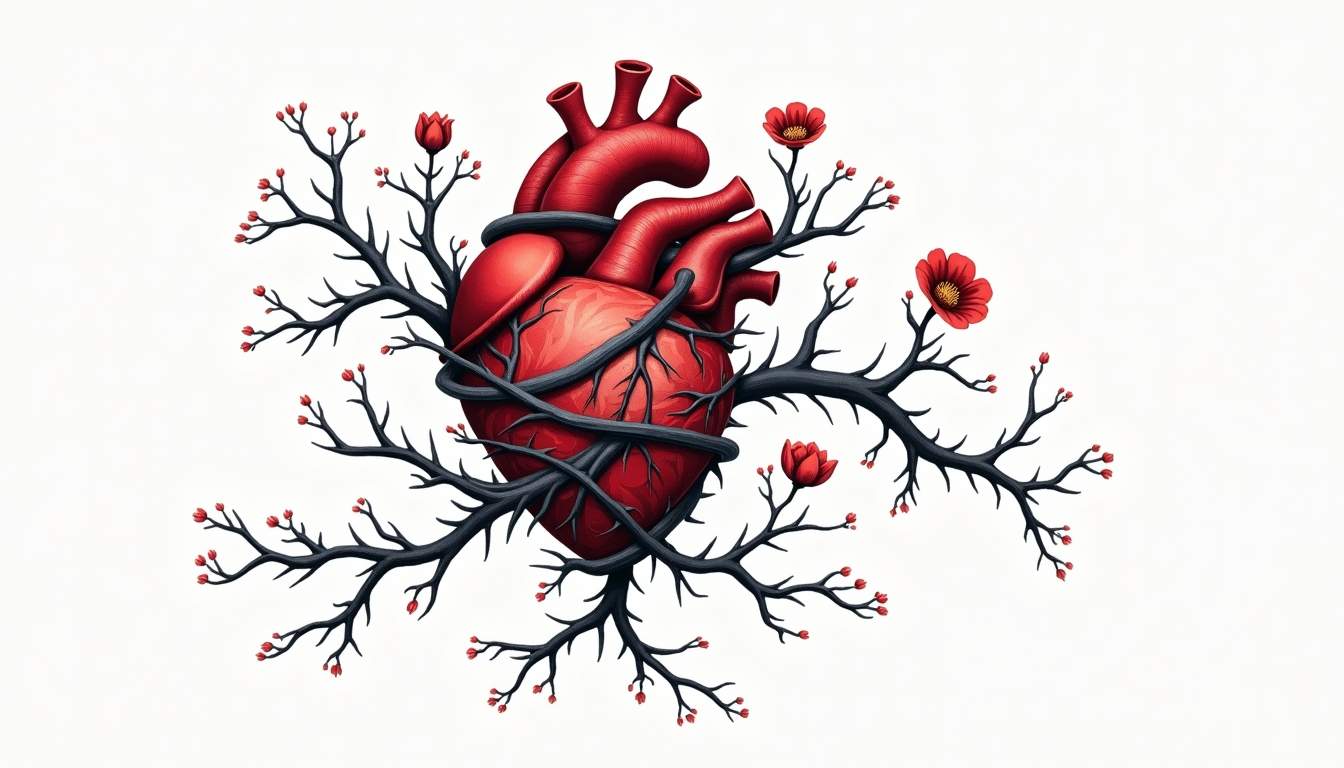 a red heart wrapped in black vine with thorns