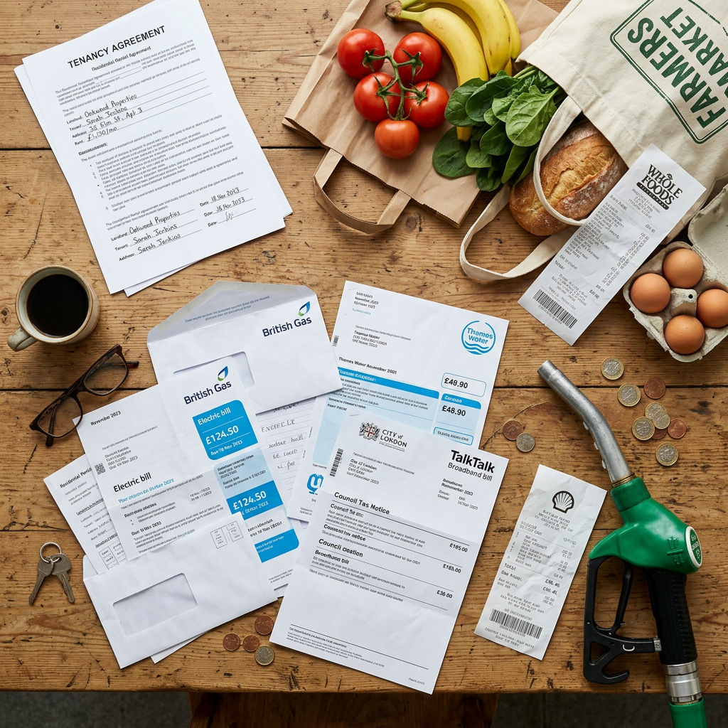 Assorted household bills, grocery items including tomatoes, bananas, spinach, bread, eggs, keys, coffee, and a fuel pump on a wooden table