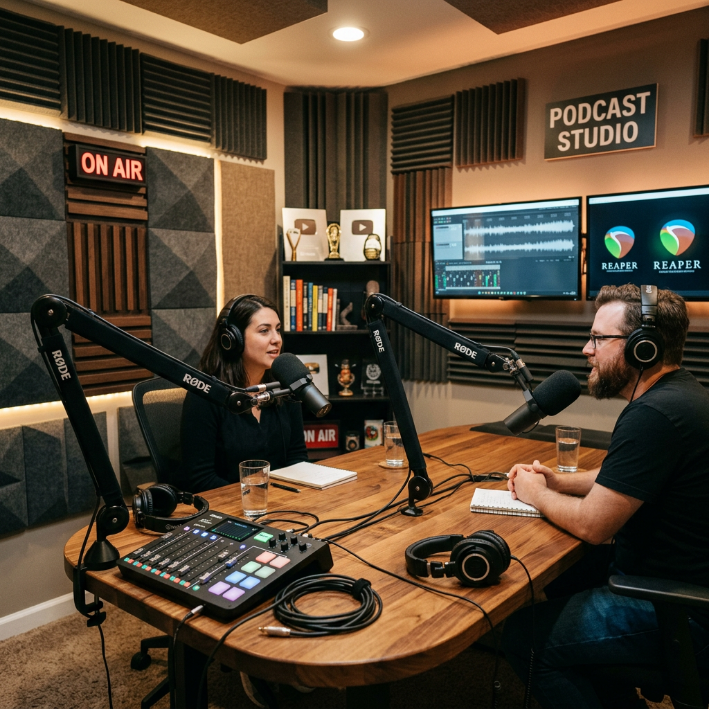 Two podcast hosts speaking into microphones in a sound-treated studio