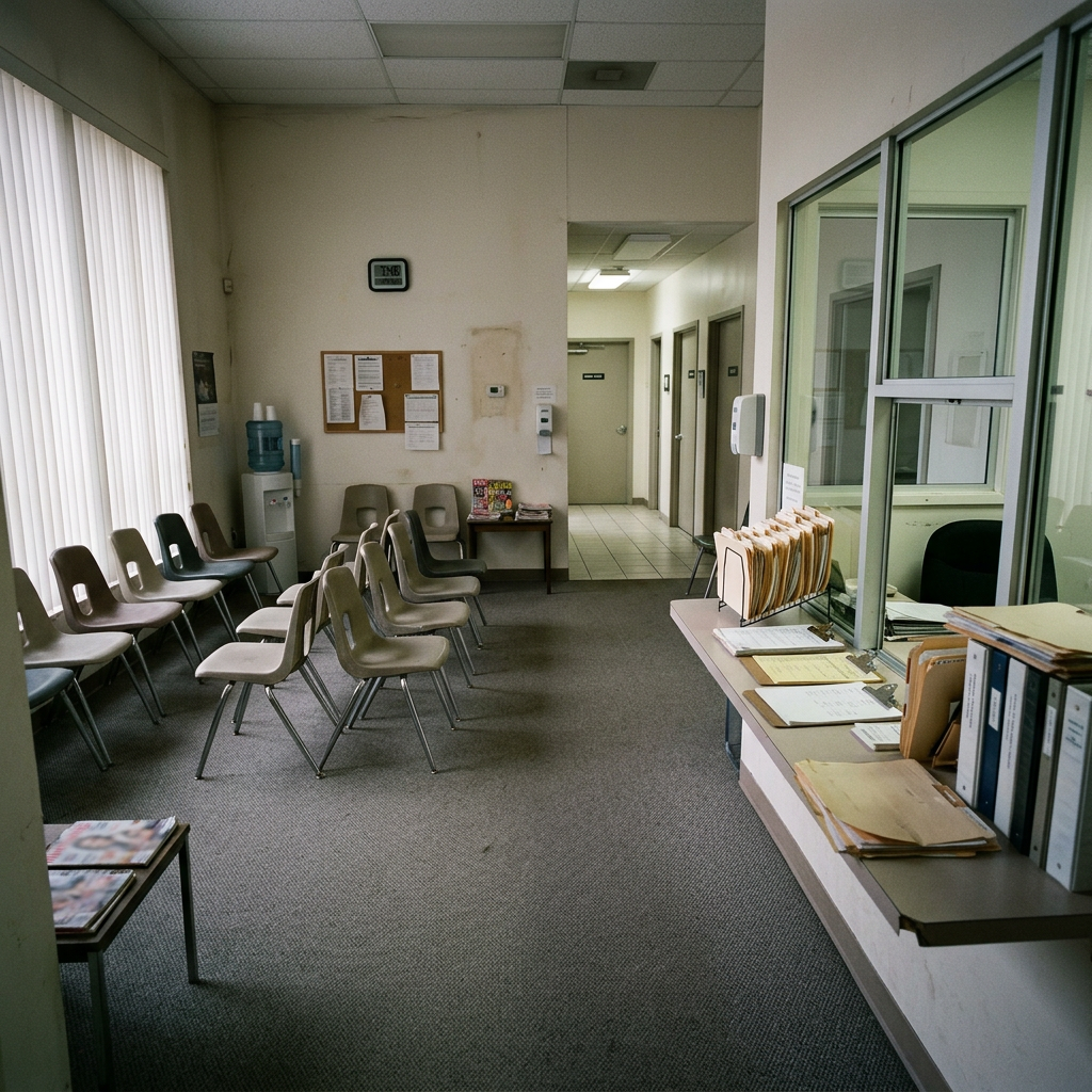 Empty clinic waiting room with chairs, reception window, and file folders
